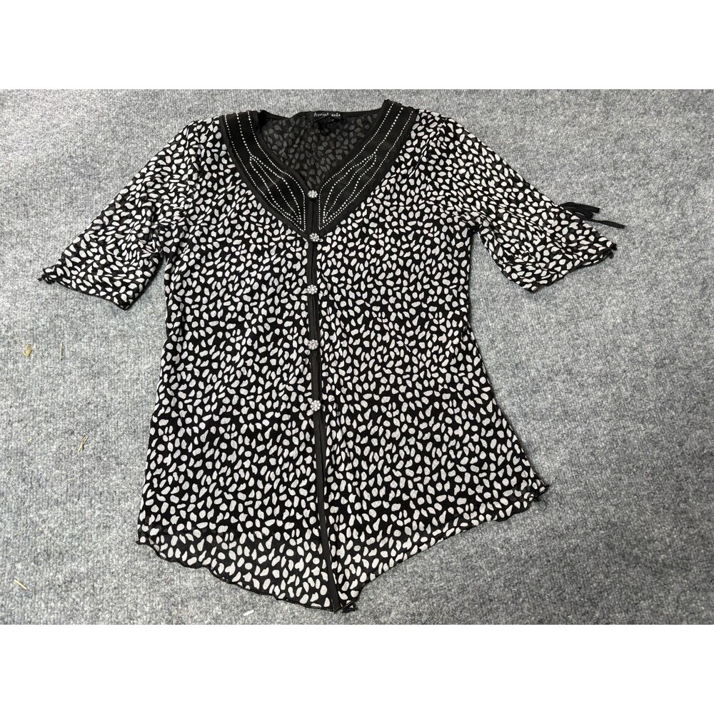 Appointments Blouse Womens  Large Sheer Black White Short Sleeve Padded Shoulder